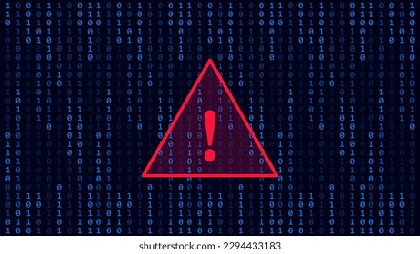 Technology matrix background with danger symbol. Cyber security with system hack warning. Vector blue binary code with attack virus digital system. Decoding data. Hacked concept.