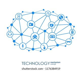 Technology mechanism concept. Abstract background with integrated gears and icons for digital, strategy, internet, network, connect, communicate, social media and global concepts. Vector infographic.