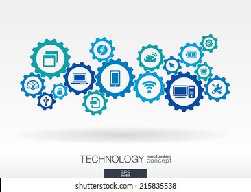 Technology mechanism concept. Abstract background with integrated gears and icons for digital, internet, network, connect, communicate, social media and global concepts. Vector infograph illustration