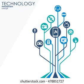 Technology mechanism concept. Abstract background with integrated gears and icons for digital, strategy, internet, network, connect, communicate, social media and global concepts. Vector infographic.