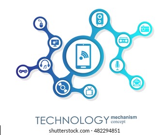 Technology mechanism concept. Abstract background with integrated gears and icons for digital, strategy, internet, network, connect, communicate, social media and global concepts. Vector infographic.