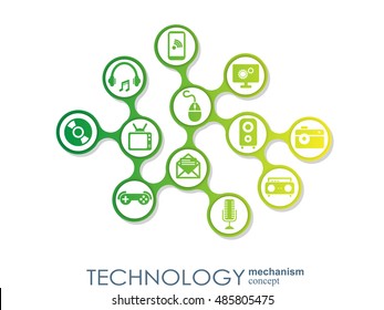 Technology mechanism concept. Abstract background with integrated gears and icons for digital, strategy, internet, network, connect, communicate, social media and global concepts. Vector infographic.