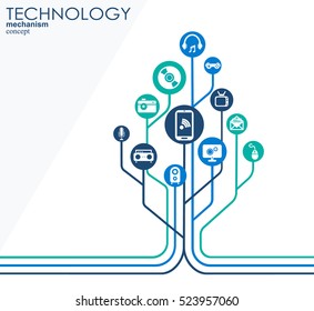 Technology mechanism concept. Abstract background with integrated gears and icons for digital, strategy, internet, network, connect, communicate, social media and global concepts. Vector infographic.