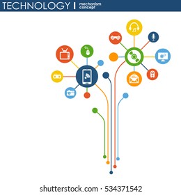 Technology mechanism concept. Abstract background with integrated gears and icons for digital, strategy, internet, network, connect, communicate, social media and global concepts. Vector infographic.