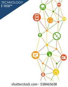 Technology mechanism concept. Abstract background with integrated gears and icons for digital, strategy, internet, network, connect, communicate, social media and global concepts. Vector infographic.