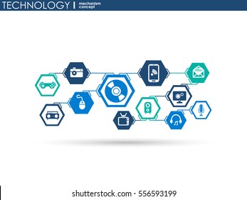 Technology mechanism concept. Abstract background with integrated gears and icons for digital, strategy, internet, network, connect, communicate, social media and global concepts. Vector infographic.