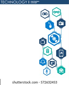 Technology mechanism concept. Abstract background with integrated gears and icons for digital, strategy, internet, network, connect, communicate, social media and global concepts. Vector infographic.
