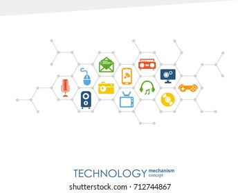 Technology mechanism concept. Abstract background with integrated gears and icons for digital, strategy, internet, network, connect, communicate, social media and global concepts. Vector infographic.