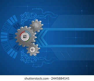 Technology, mechatronics.
Abstract design background with 3d machine part with microchip incorporate, electronic circuits for the technology category; Vector illustration