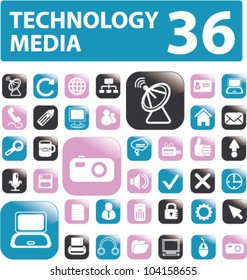 technology & media buttons, icons set, vector