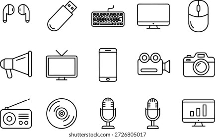 Coleção de Ícones de Linha de Dispositivos de Tecnologia e Mídia