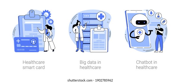 Technology in medicine abstract concept vector illustration set. Healthcare smart card, big data and chatbot in healthcare, electronic patient health records, clinic AI assistant abstract metaphor.