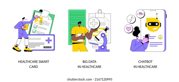 Technology in medicine abstract concept vector illustration set. Healthcare smart card, big data and chatbot in healthcare, electronic patient health records, clinic AI assistant abstract metaphor.