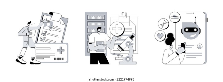 Technology in medicine abstract concept vector illustration set. Healthcare smart card, big data and chatbot in healthcare, electronic patient health records, clinic AI assistant abstract metaphor.