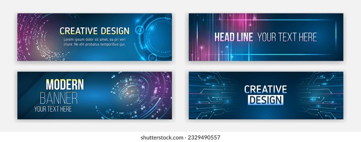 Technology, medicine, science, engineering, artificial intelligence. High-tech computers concept. Futuristic banner template set. Modern hi-tech design for websites and social networks. 