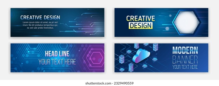 Technology, medicine, science, engineering, artificial intelligence. High-tech computers concept. Futuristic banner template set. Modern hi-tech design for websites and social networks. 