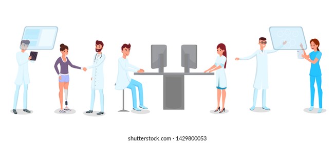 Technology in medicine vector illustrations set. Young doctors, nurses, medics cartoon characters. Modern hospital staff working with computers, interactive interfaces, physician and patient handshake