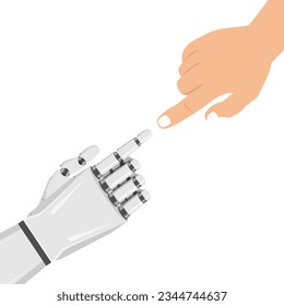 Technology meets humanity. Human hand and robotic hand. Symbol of connection between people and artificial intelligence technology