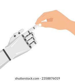 Technology meets humanity. Human hand and robotic hand. Symbol of connection between people and artificial intelligence technology