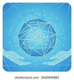 Technology meets humans with interconnected nodes and hands holding a spherical network, highlighting advanced technology and innovation. Embrace AI, Artificial Intelligence adoption concept.