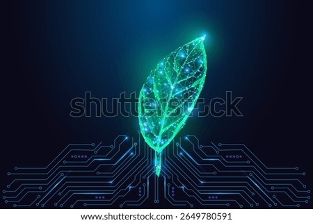 Technology meets nature in this clean energy concept. Glowing green leaf on abstract circuit board. Sustainability, climate tech, and digital transformation in environmental innovation vector.