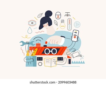 Technology Memhis -Intelligent building, modern flat vector concept digital illustration Smart house, management metaphor -woman and building resolving problems. Creative landing web page illustration