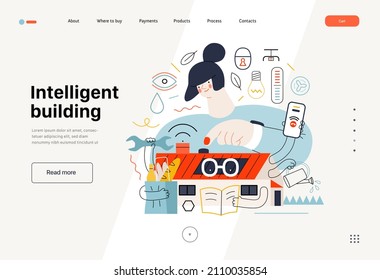 Technology Memhis -Intelligent building, modern flat vector concept digital illustration Smart house, management metaphor -woman and building resolving problems. Creative landing web page template