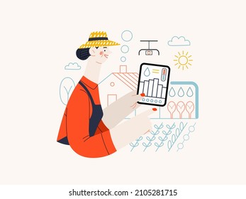 Technology Memphis - agriculture technology -modern flat vector concept digital illustration of farm agriculture remote control. Creative landing web page illustration