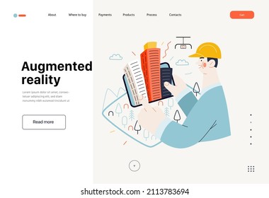 Technology Memphis -Augmented reality, modern flat vector concept digital illustration -augmented reality metaphor - man with tablet. Creative landing web page template