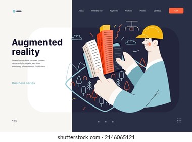 Technology Memphis -Augmented reality, modern flat vector concept digital illustration -augmented reality metaphor - man with tablet. Creative landing web page template
