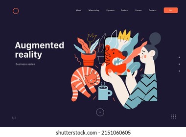 Tecnología Memphis -Realidad aumentada, moderna ilustración digital de concepto vectorial plano - metáfora de realidad aumentada - mujer con tablet y gato rodeados por plantas. plantilla de página web de aterrizaje creativo