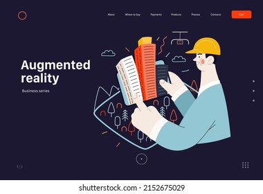 Technology Memphis -Augmented reality, modern flat vector concept digital illustration -augmented reality metaphor - man with tablet. Creative landing web page template