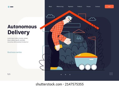 Technology Memphis - autonomous delivery -modern flat vector concept digital illustration of an elderly man inviting a last mile robot delivery truck. Creative landing web page template