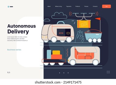 Tecnología Memphis - entrega autónoma - moderno concepto de vector plano ilustración digital de la última milla de camiones de entrega de robots. plantilla de página web de aterrizaje creativo