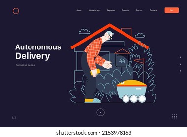 Technology Memphis - autonomous delivery -modern flat vector concept digital illustration of an elderly man inviting a last mile robot delivery truck. Creative landing web page template