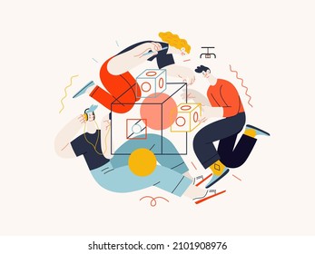 Tecnología Memphis - Metáfora moderna de marca de imagen digital de vector plano, promoción de marca de la empresa. Flujo de trabajo del negocio y administración de equipos. Ilustración de la página web de aterrizaje creativo