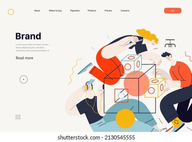 Technology Memphis - Brand modern flat vector concept digital illustration branding metaphor, company brand promotion. Business workflow and team management. Creative landing web page template