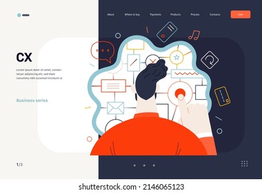 Tecnología Memphis -experiencia del cliente de CX - moderna ilustración digital de concepto de vector plano de la experiencia del usuario o del cliente, un usuario frente a la interfaz. plantilla de página web de aterrizaje creativo