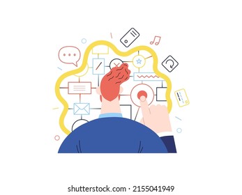 Technology Memphis -CX customer experience - modern flat vector concept digital illustration of user or customer experience, a user in front of interface. Creative landing web page illustration