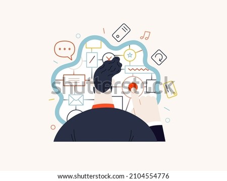 Technology Memphis -CX customer experience - modern flat vector concept digital illustration of user or customer experience, a user in front of interface. Creative landing web page illustration