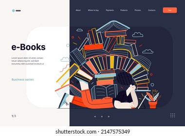 Technology Memphis - ebooks -modern flat vector concept digital illustration of a woman reading an electronic book containing a stack of printed books, metaphor. Creative landing web page template