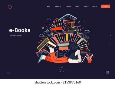 Technology Memphis - ebooks -modern flat vector concept digital illustration of a woman reading an electronic book containing a stack of printed books, metaphor. Creative landing web page template