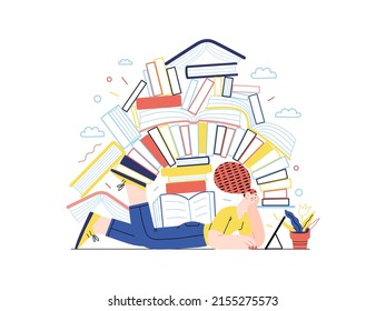 Technology Memphis - ebooks -modern flat vector concept digital illustration of a woman reading an electronic book containing a stack of printed books, metaphor. Creative landing web page illustration