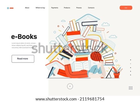 Technology Memphis - ebooks -modern flat vector concept digital illustration of a woman reading an electronic book containing a stack of printed books, metaphor. Creative landing web page template