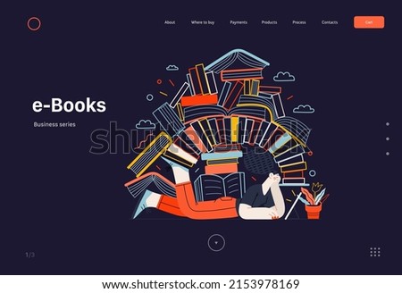 Technology Memphis - ebooks -modern flat vector concept digital illustration of a woman reading an electronic book containing a stack of printed books, metaphor. Creative landing web page template