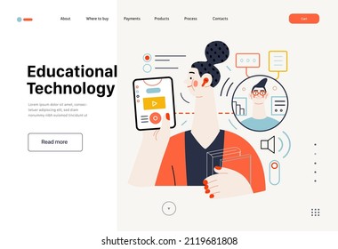 Technology Memphis - educational technology -modern flat vector concept digital illustration of distant education via application, student and tutor video chat. Creative landing web page template