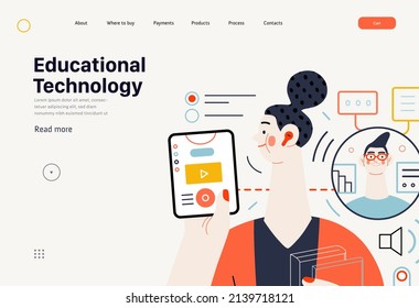 Technology Memphis - educational technology -modern flat vector concept digital illustration of distant education via application, student and tutor video chat. Creative landing web page template