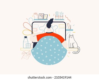 Technology Memphis -Home Office, modern flat vector concept digital illustration home office metaphor, a freelancer guy working at home with pets and plants. Creative landing web page illustration