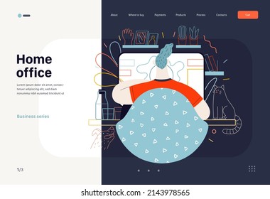 Technology Memphis -Home Office, modern flat vector concept digital illustration home office metaphor, a freelancer guy working at home with pets and plants. Creative landing web page illustration