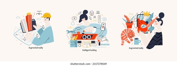 Illustrationen von Technology Memphis - modernes Flachvektorkonzept, digitale Illustration über Augmented Reality und Intelligentes Gebäude. Satz für kreative Landing-Webseiten-Illustrationen